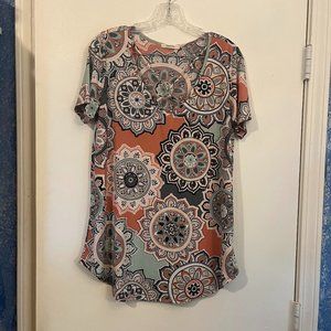 Twenty Ten Orange Mint and Gray V-Neck Mandala Blouse Size Large Short Sleeve